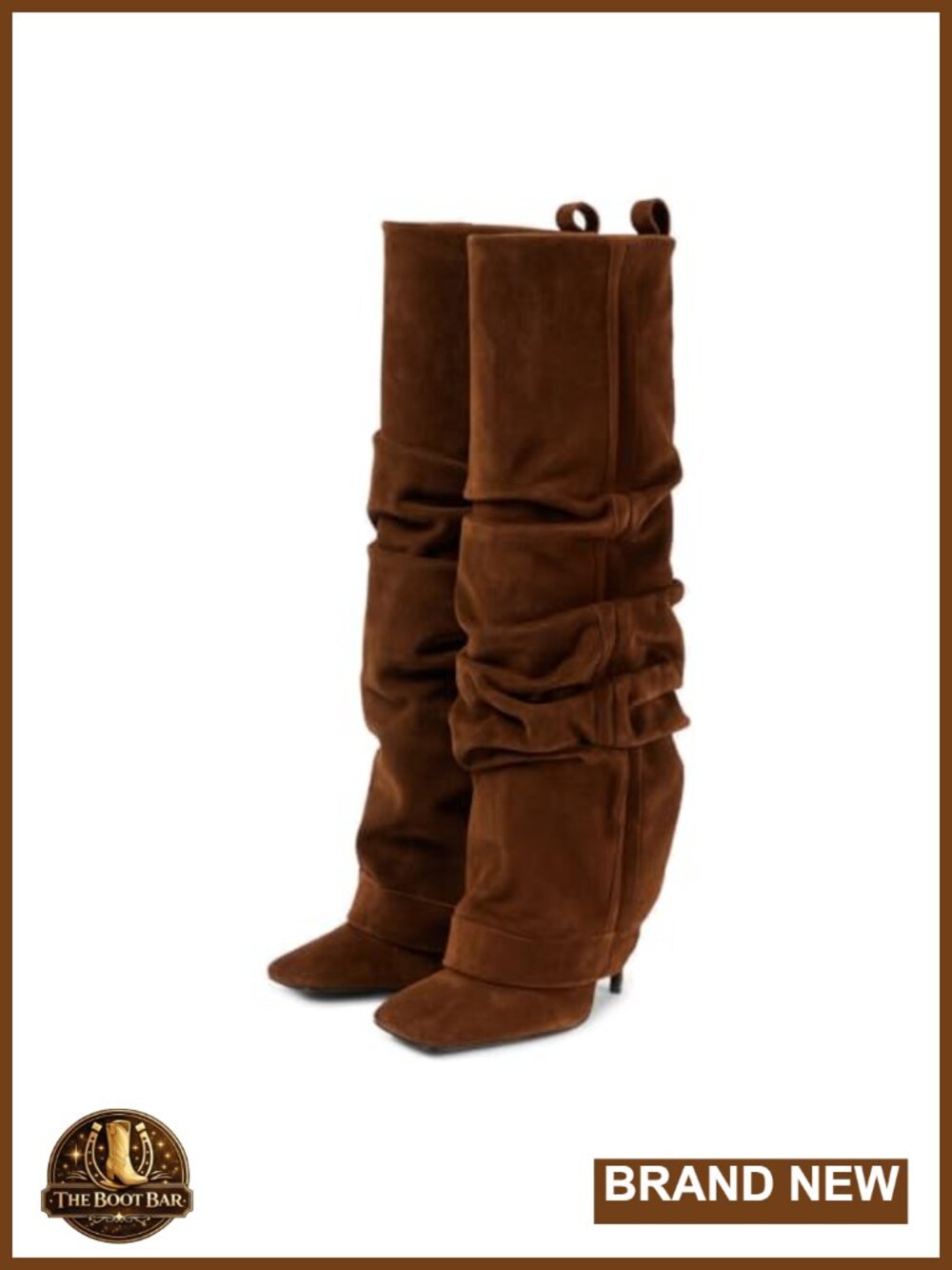 Suede Fold Over Knee High Stiletto Heel Boots Square Toe Slip On